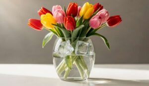 Wrzuć 3 kostki do wazonu z wodą. Tulipany nie zwiędną. Kwiaty będą wyglądać świeżo. Tulipany w wazonie będą długo stały