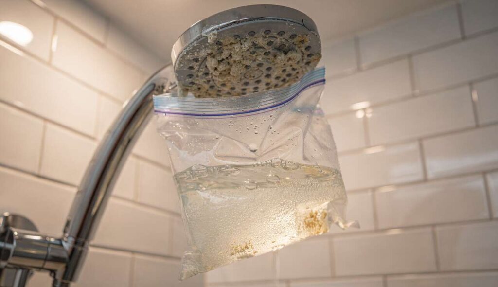 Kamień na słuchawce prysznicowej: trik z torebką, który sam ją wyczyści przez noc