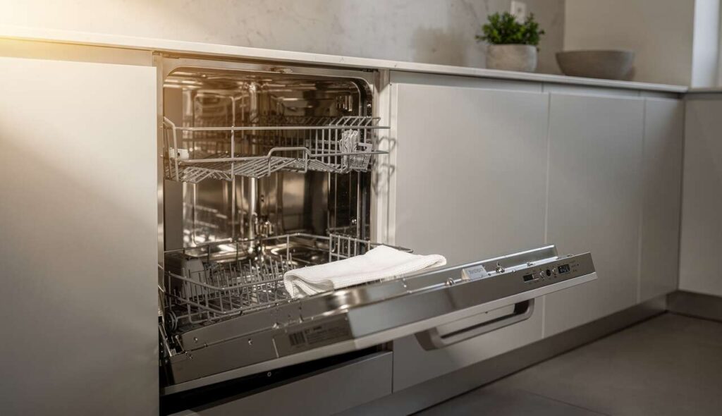 Włóż ściereczkę z octem do zmywarki i uruchom pusty cykl: efekt zaskoczy nawet sceptyków