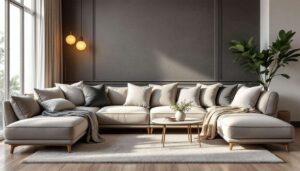 Poduszki na kanapie ustawione w ten sposób wizualnie powiększają salon, trick od stylistów wnętrz