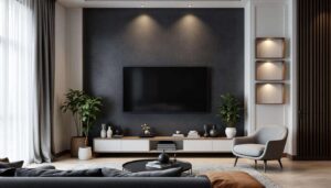 Ściana za telewizorem w kolorze grafitowym dodaje głębi, 20 zdjęć z polskich salonów